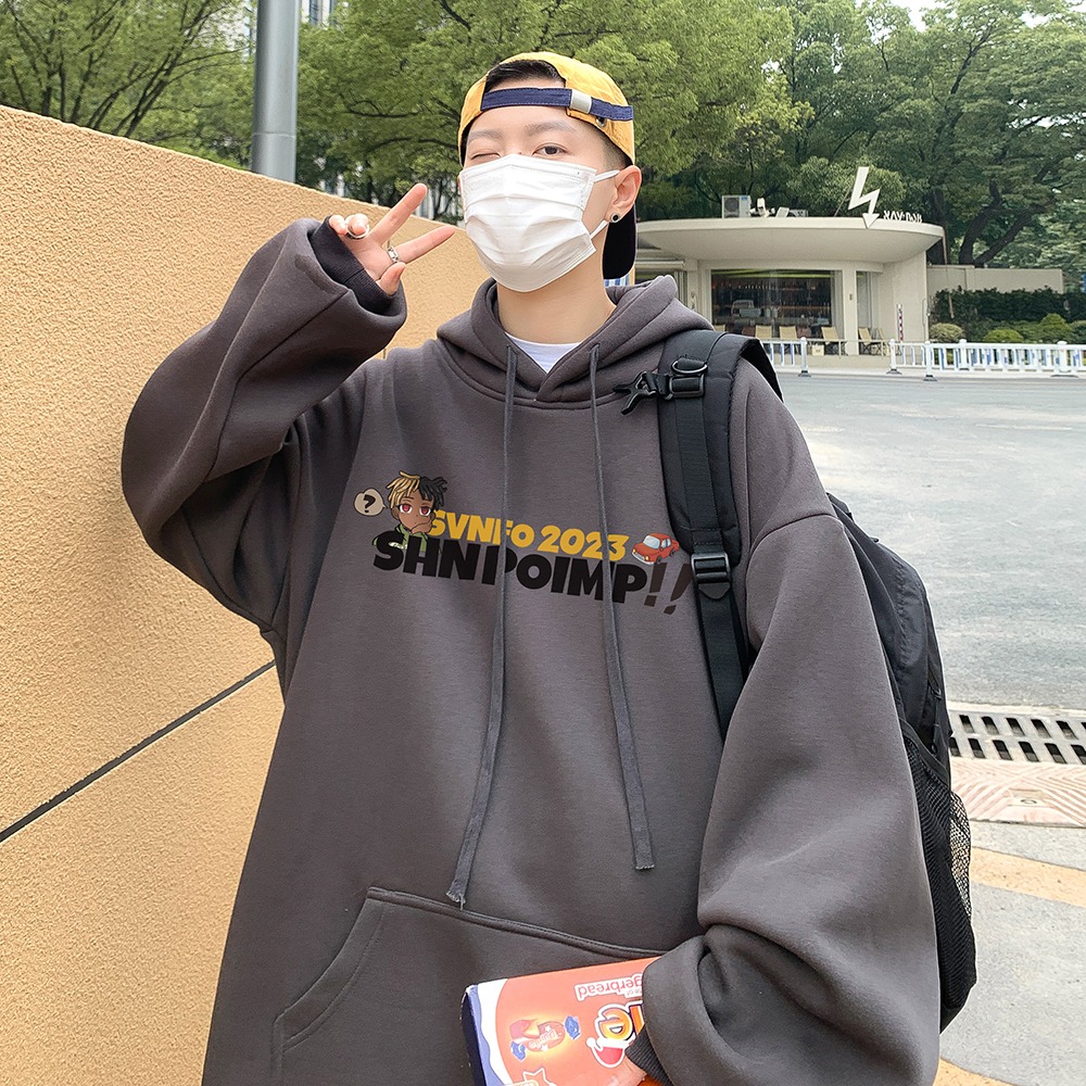 『癮品流行』卡通動漫印花連帽衛衣男秋冬季美式hiphop上衣高街西海岸潮牌外套 刷毛款印花衛衣-細節圖6