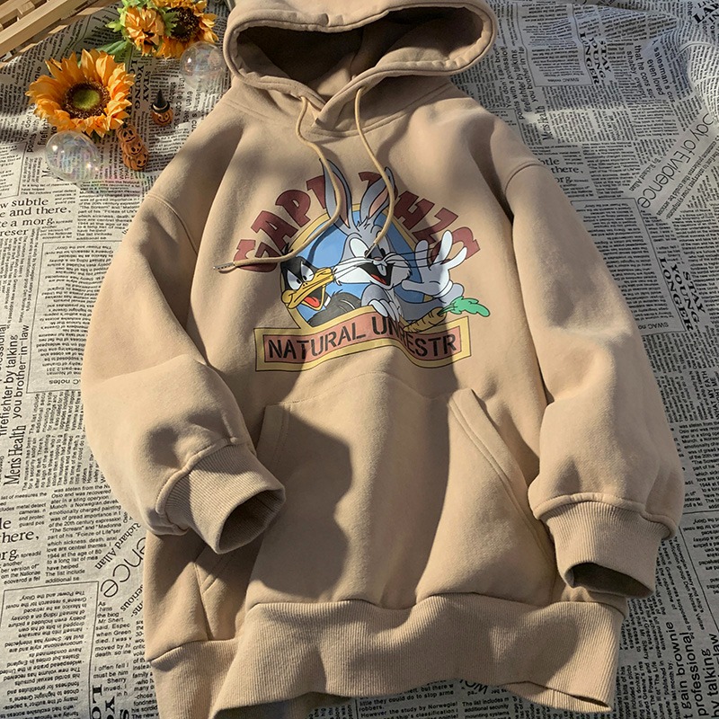 『癮品流行』兔子印花連帽衛衣男春秋季新款寬鬆潮牌美式青少年套頭連帽上衣 刷毛帽T 情侶裝 衛衣男-細節圖4