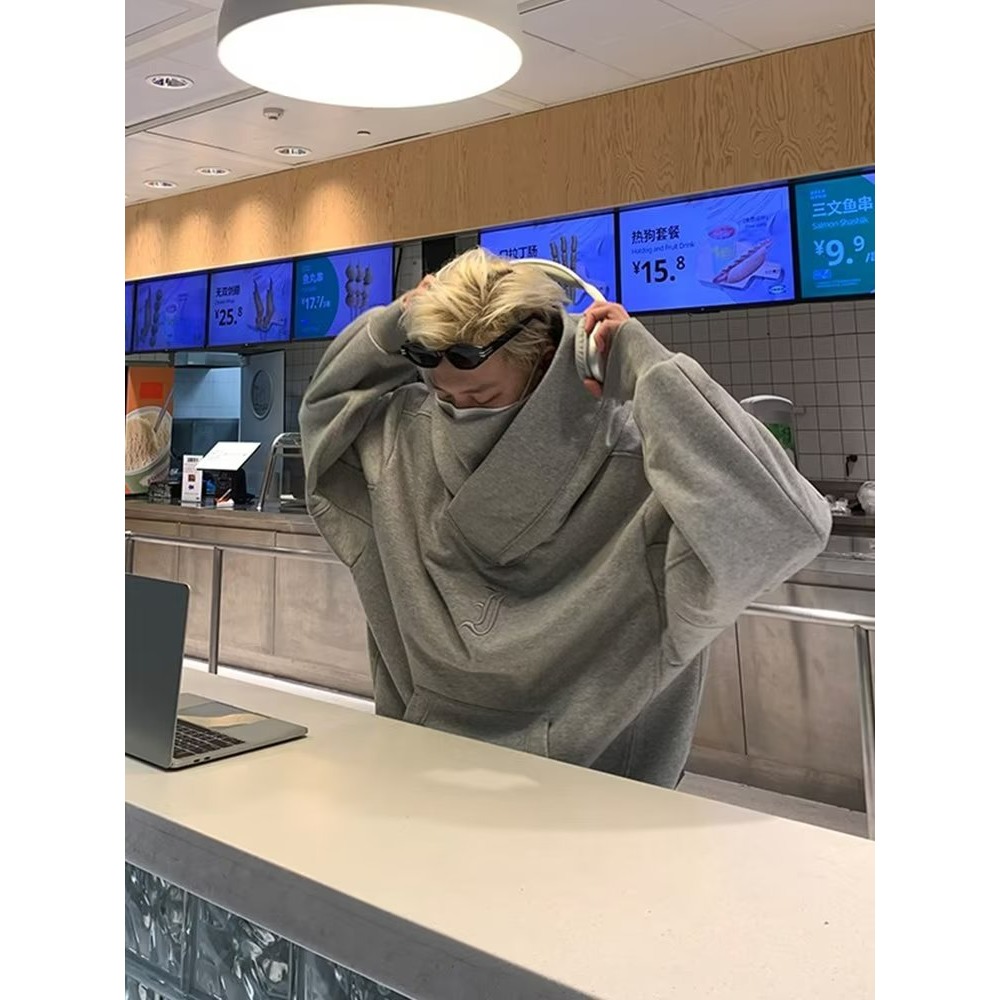 【台湾现货】优质刺绣連帽衛衣男 高領帽T  棉衛衣 高街嘻哈風寬鬆外套 痞帥炸街潮流風 社恐衛衣 新款连帽上衣男-細節圖2