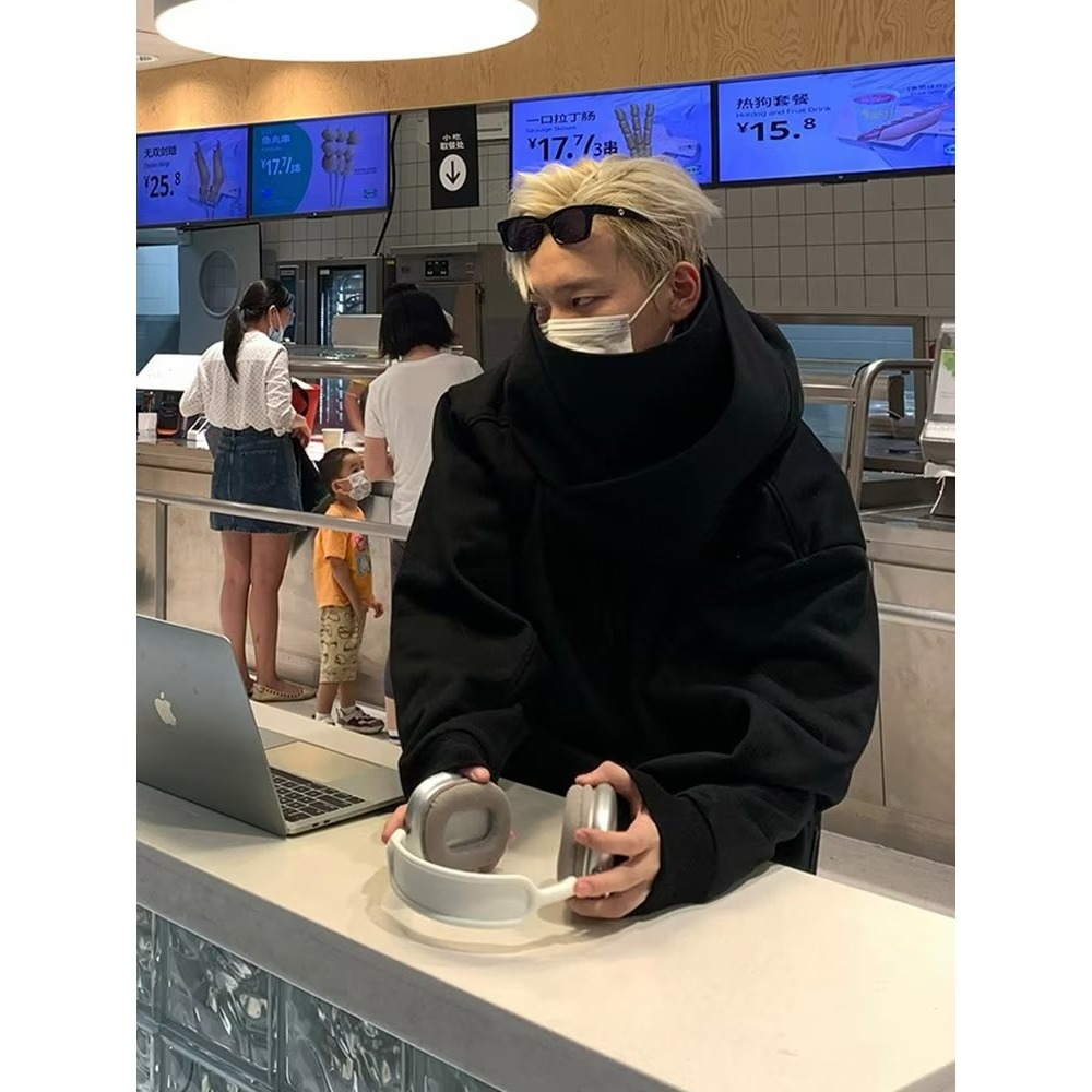 【台湾现货】优质刺绣連帽衛衣男 高領帽T  棉衛衣 高街嘻哈風寬鬆外套 痞帥炸街潮流風 社恐衛衣 新款连帽上衣男-細節圖5