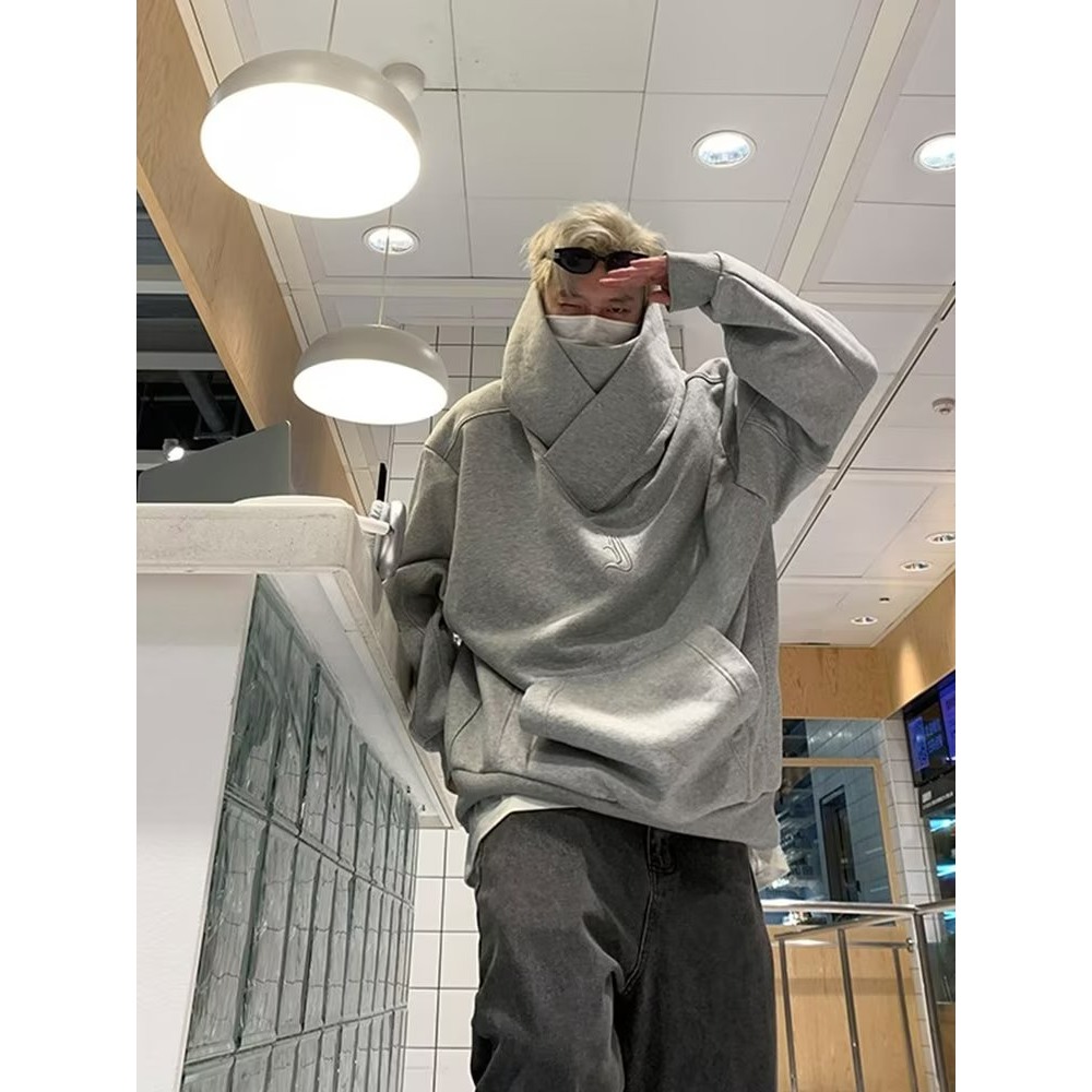 【台湾现货】优质刺绣連帽衛衣男 高領帽T  棉衛衣 高街嘻哈風寬鬆外套 痞帥炸街潮流風 社恐衛衣 新款连帽上衣男-細節圖6