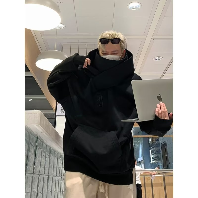 【現貨秒出】新款连帽卫衣男秋冬款加绒高领宽松刺绣高街风嘻哈复古港风外套衛衣情侶套裝忍者衛衣-細節圖2