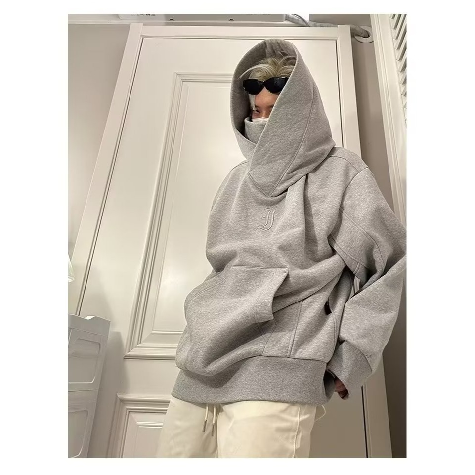 【現貨秒出】新款连帽卫衣男秋冬款加绒高领宽松刺绣高街风嘻哈复古港风外套衛衣情侶套裝忍者衛衣-細節圖3