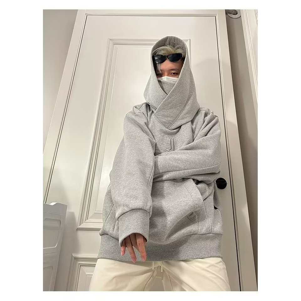 【現貨秒出】新款连帽卫衣男秋冬款加绒高领宽松刺绣高街风嘻哈复古港风外套衛衣情侶套裝忍者衛衣-細節圖4