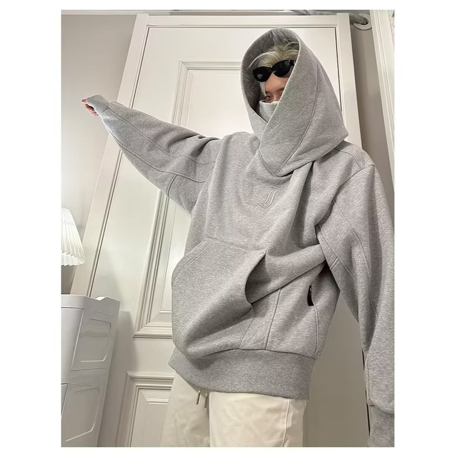 【現貨秒出】新款连帽卫衣男秋冬款加绒高领宽松刺绣高街风嘻哈复古港风外套衛衣情侶套裝忍者衛衣-細節圖5