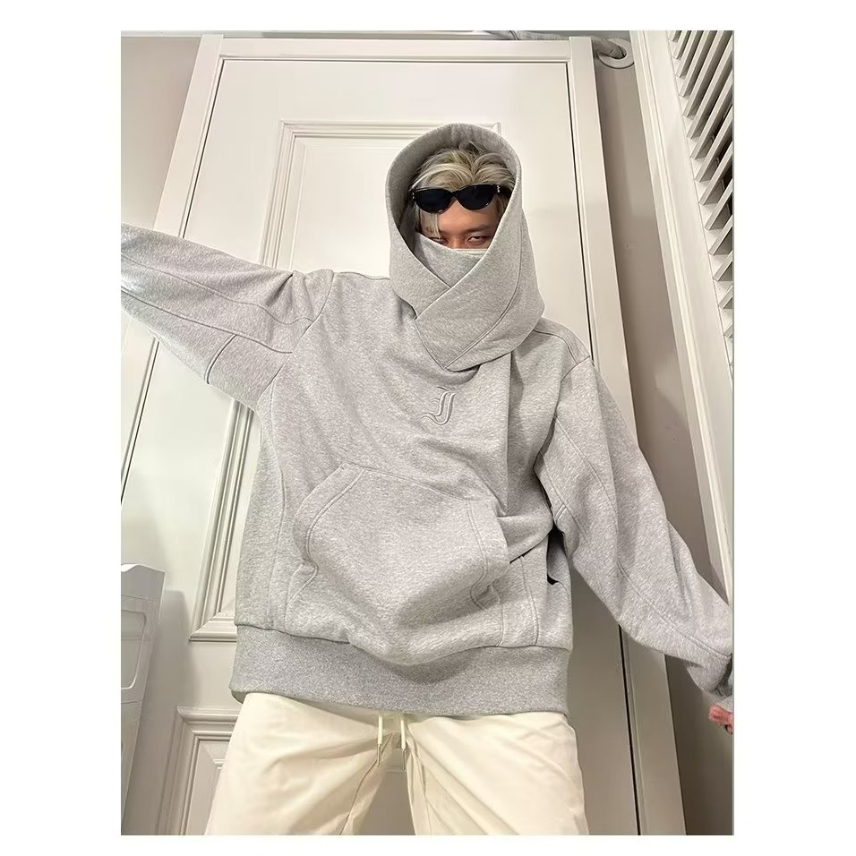 【現貨秒出】新款连帽卫衣男秋冬款加绒高领宽松刺绣高街风嘻哈复古港风外套衛衣情侶套裝忍者衛衣-細節圖6