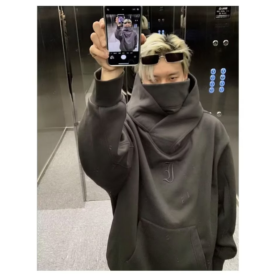 【現貨秒出】新款连帽卫衣男秋冬款加绒高领宽松刺绣高街风嘻哈复古港风外套衛衣情侶套裝忍者衛衣-細節圖7