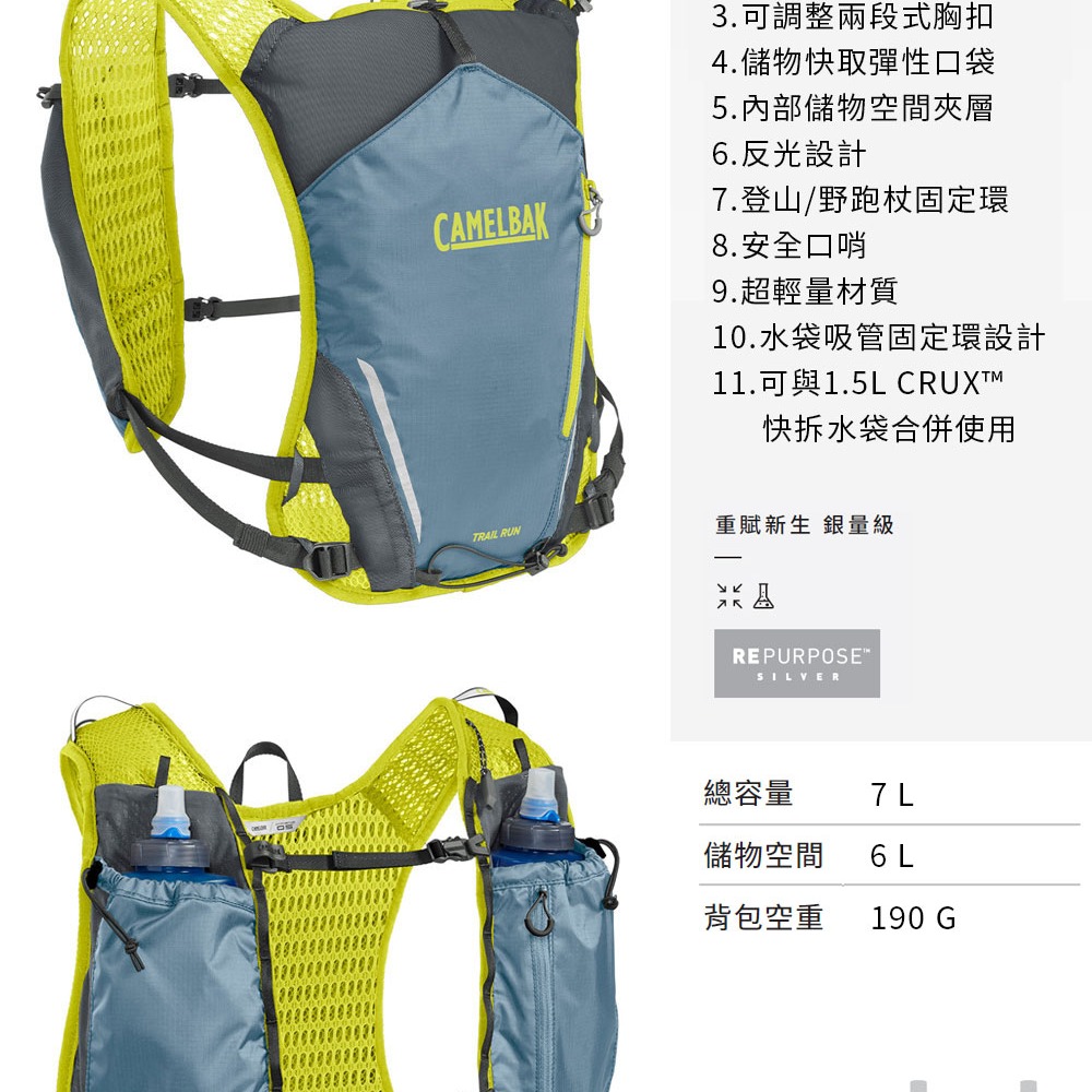 Camelbak Trail Run 7 越野水袋背心 (附0.5L軟水瓶2個) 藍綠 水袋 背心 馬拉松 登山-細節圖3