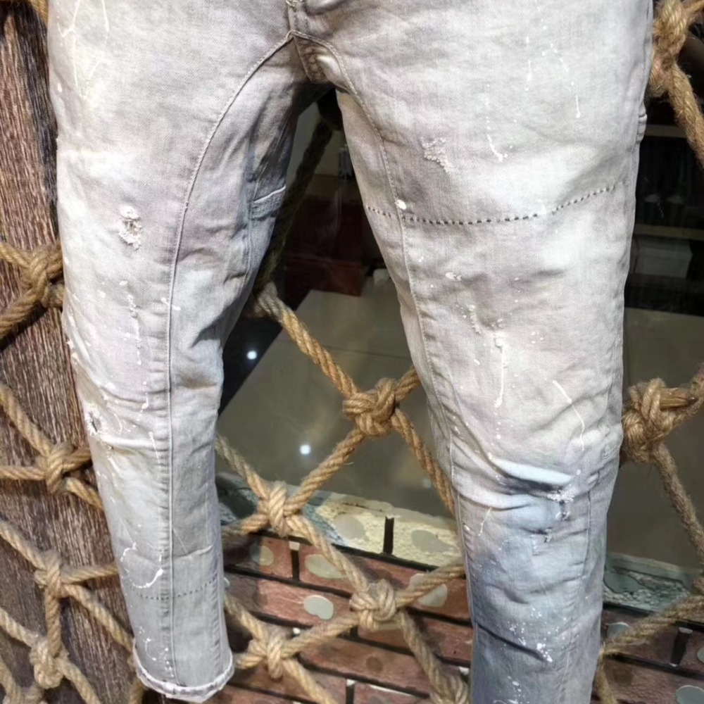 D2牛仔褲灰白色牛仔褲韓版男友收身型休閒修身顯瘦小錐腳版型 d2牛仔褲長褲-細節圖3