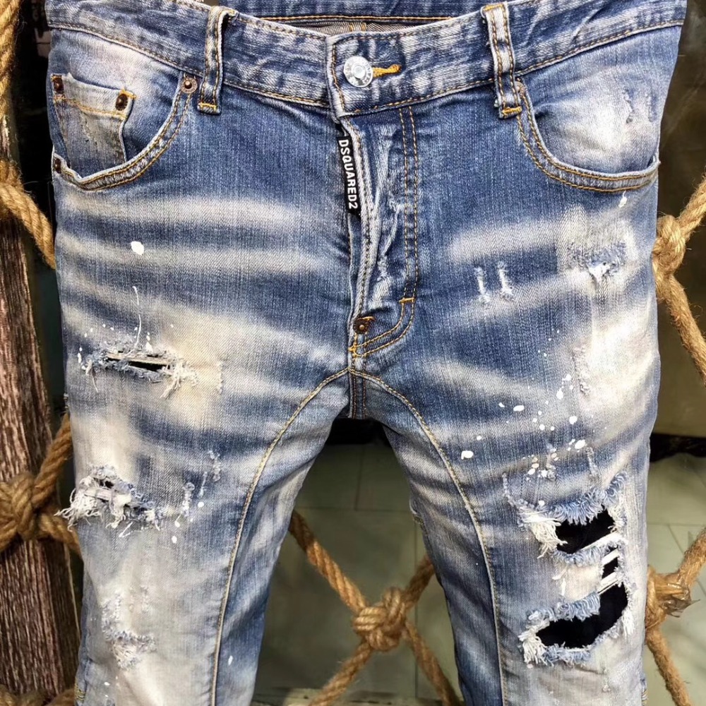 D2牛仔褲男士牛仔褲新款時尚男士破洞補丁修身小腳D2牛仔褲d2褲子d2牛仔長褲男生牛仔褲長褲破洞牛仔褲-細節圖2