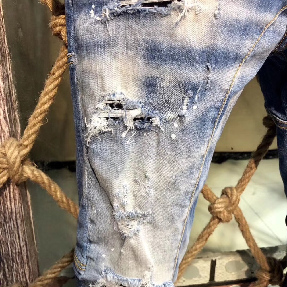 D2牛仔褲男士牛仔褲新款時尚男士破洞補丁修身小腳D2牛仔褲d2褲子d2牛仔長褲男生牛仔褲長褲破洞牛仔褲-細節圖4