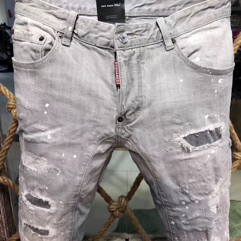 實拍D2牛仔褲時尚潮牌d2褲子破洞純棉歐美風灰色刷白牛仔褲潮流d2牛仔褲水洗男生牛仔褲休閒窄管顯瘦小腳修身D2牛仔長-細節圖2