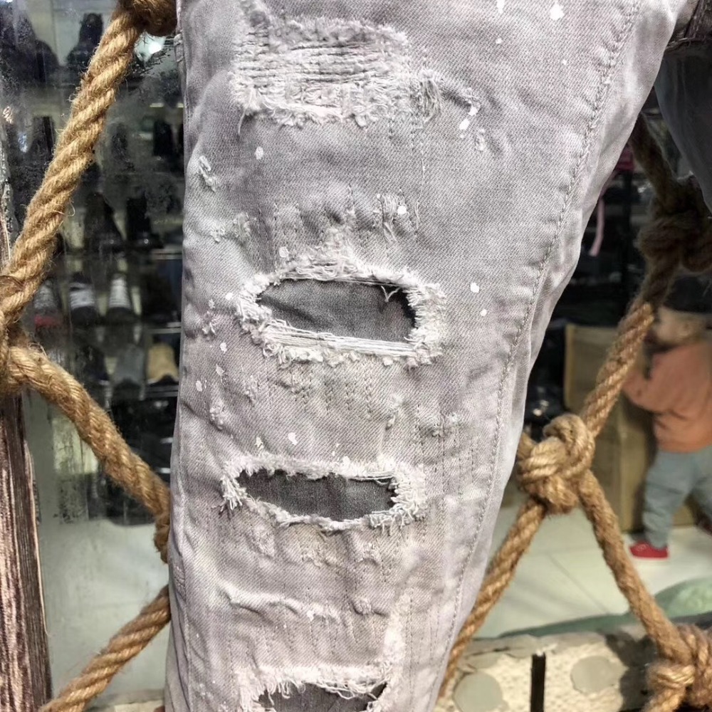 實拍D2牛仔褲時尚潮牌d2褲子破洞純棉歐美風灰色刷白牛仔褲潮流d2牛仔褲水洗男生牛仔褲休閒窄管顯瘦小腳修身D2牛仔長-細節圖3