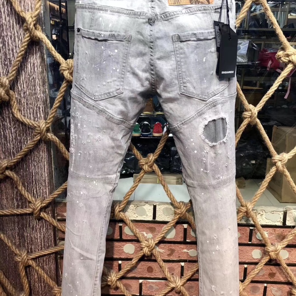 實拍D2牛仔褲時尚潮牌d2褲子破洞純棉歐美風灰色刷白牛仔褲潮流d2牛仔褲水洗男生牛仔褲休閒窄管顯瘦小腳修身D2牛仔長-細節圖6