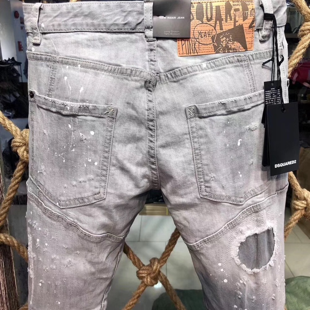 實拍D2牛仔褲時尚潮牌d2褲子破洞純棉歐美風灰色刷白牛仔褲潮流d2牛仔褲水洗男生牛仔褲休閒窄管顯瘦小腳修身D2牛仔長-細節圖7