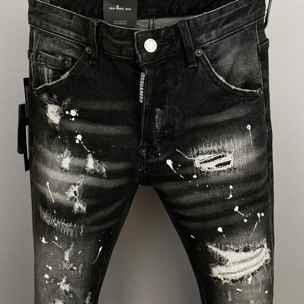 【新款】d2牛仔褲男士時尚潮牌褲子黑色水洗直筒破洞補丁復古顯瘦休閒男裝修身小腳牛仔褲 D2牛仔長褲-細節圖2