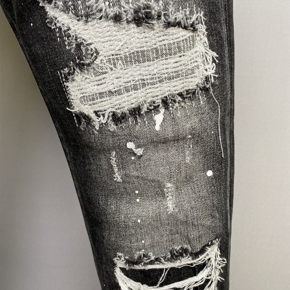 【新款】d2牛仔褲男士時尚潮牌褲子黑色水洗直筒破洞補丁復古顯瘦休閒男裝修身小腳牛仔褲 D2牛仔長褲-細節圖4