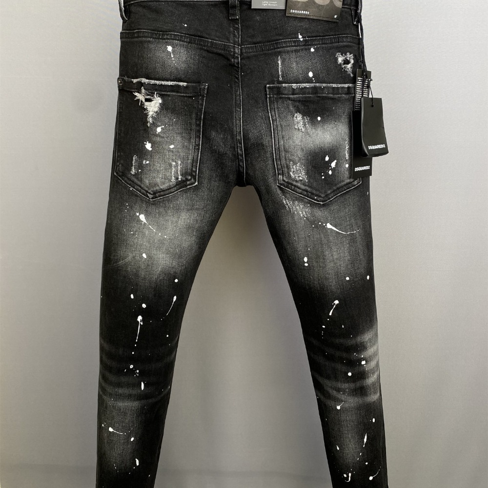 【新款】d2牛仔褲男士時尚潮牌褲子黑色水洗直筒破洞補丁復古顯瘦休閒男裝修身小腳牛仔褲 D2牛仔長褲-細節圖6