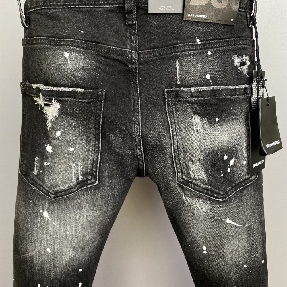 【新款】d2牛仔褲男士時尚潮牌褲子黑色水洗直筒破洞補丁復古顯瘦休閒男裝修身小腳牛仔褲 D2牛仔長褲-細節圖7