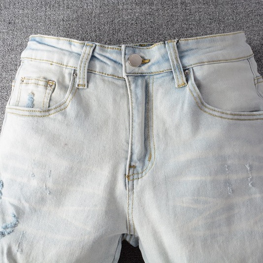 AMIRI 牛仔褲男士牛仔褲高街牛仔褲潮流街頭牛仔休閑長褲微彈棉青年淺藍色緊身牛仔褲-細節圖2