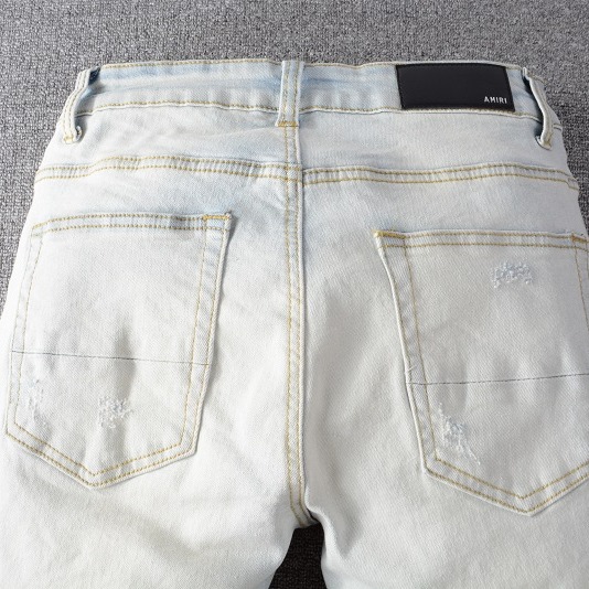 AMIRI 牛仔褲男士牛仔褲高街牛仔褲潮流街頭牛仔休閑長褲微彈棉青年淺藍色緊身牛仔褲-細節圖9