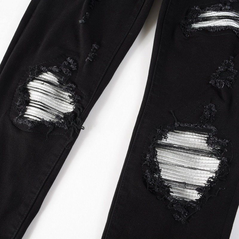 AMIRI 牛仔褲男士牛仔褲高街潮牌新款破洞補丁牛仔褲男彈力修身小腳褲子-細節圖5