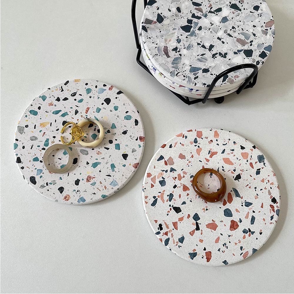 ｜台灣現貨 ｜仿水磨石硅藻泥吸水杯墊 硅藻泥杯墊 仿大理石杯墊 隔熱 吸水杯墊 馬克杯墊 花磚杯墊 北歐風杯墊-細節圖3