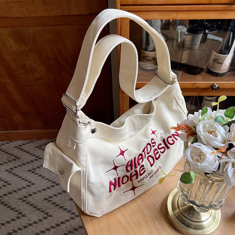 MDMS⭐帆布包/大學生/上課包/韓版ins/慵懶風/大容量/單肩包/斜挎包/小眾款/字母刺繡/托特包/大包B832-細節圖7