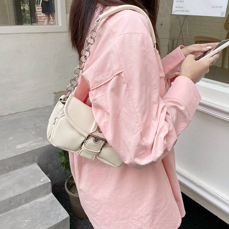 MDMS⭐️小眾設計/迷你/皮質拼接/復古包/圓環包/單肩包/白色包包/手拿包/腋下包/鏈條包/法棍包/小包/B587-細節圖5