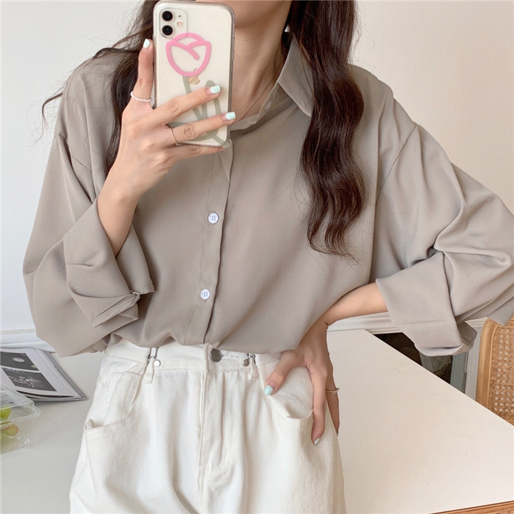 MDMS⭐韓系/莫蘭迪色/法式/polo領/長袖襯衫/女裝/設計感/小眾款/寬鬆/顯瘦/百搭/上衣/上班職業裝E356-細節圖5