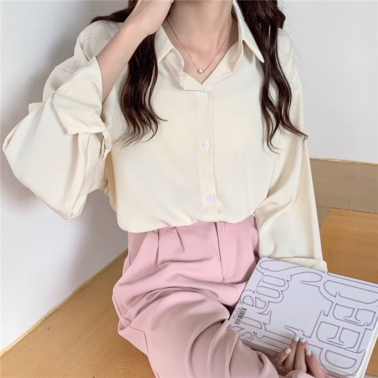 MDMS⭐韓系/莫蘭迪色/法式/polo領/長袖襯衫/女裝/設計感/小眾款/寬鬆/顯瘦/百搭/上衣/上班職業裝E356-細節圖8