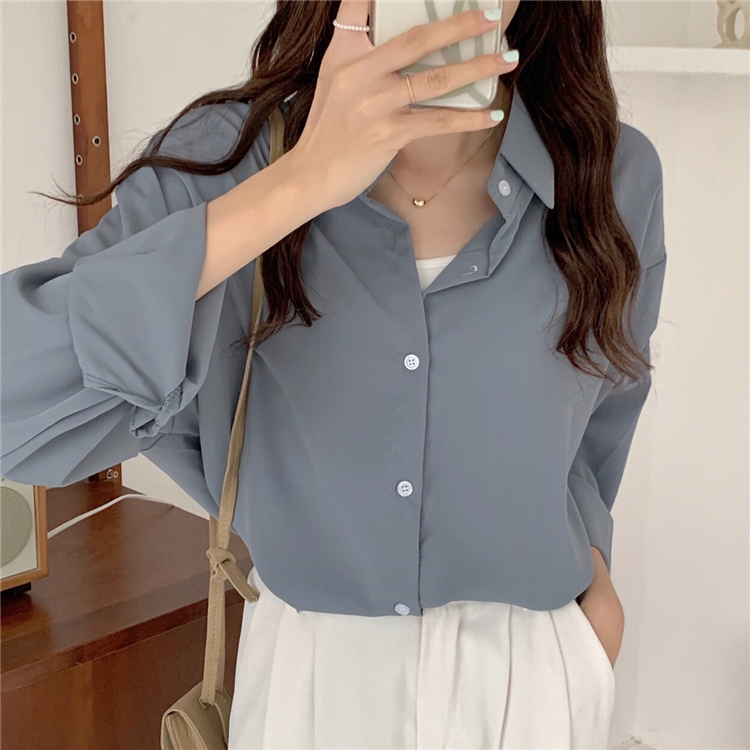 MDMS⭐韓系/莫蘭迪色/法式/polo領/長袖襯衫/女裝/設計感/小眾款/寬鬆/顯瘦/百搭/上衣/上班職業裝E356-細節圖9