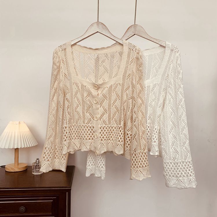 MDMS⭐蕾絲衫/韓版/七八分袖/古典法式/復古/v領/寬鬆/立體/植絨/蕾絲/披肩/襯衫女/純色/開衫/防曬衫E297-細節圖9