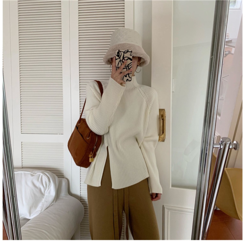 MDMS⭐韓系/高領毛衣/女裝/韓版/秋冬季/長袖上衣/設計感/小眾百搭/復古/開叉/內搭外穿/針織衫E351-細節圖7