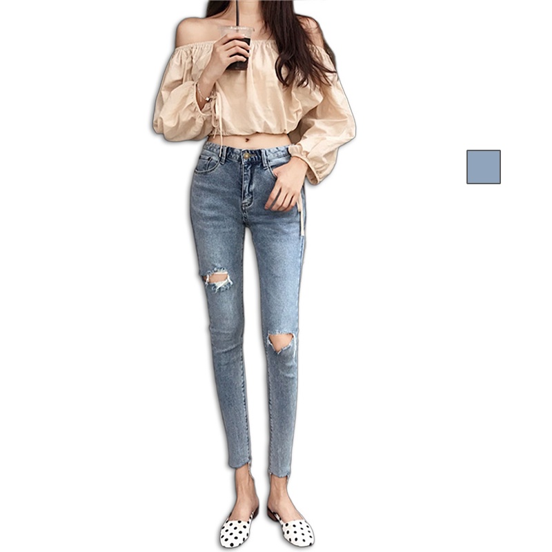 MDMS⭐下裝/韓版/高腰/顯瘦/高彈力/破洞/牛仔褲/港味/小腳褲/復古/九分褲/女裝/E336-細節圖2