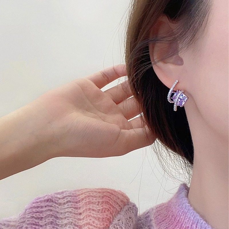 糖紫色星光方糖精緻時尚高級感銀針耳環 CR24-001-細節圖7