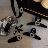 名媛高級感~法式復古矩形水鑽黑色絲絨髮夾髮箍 YS86-002