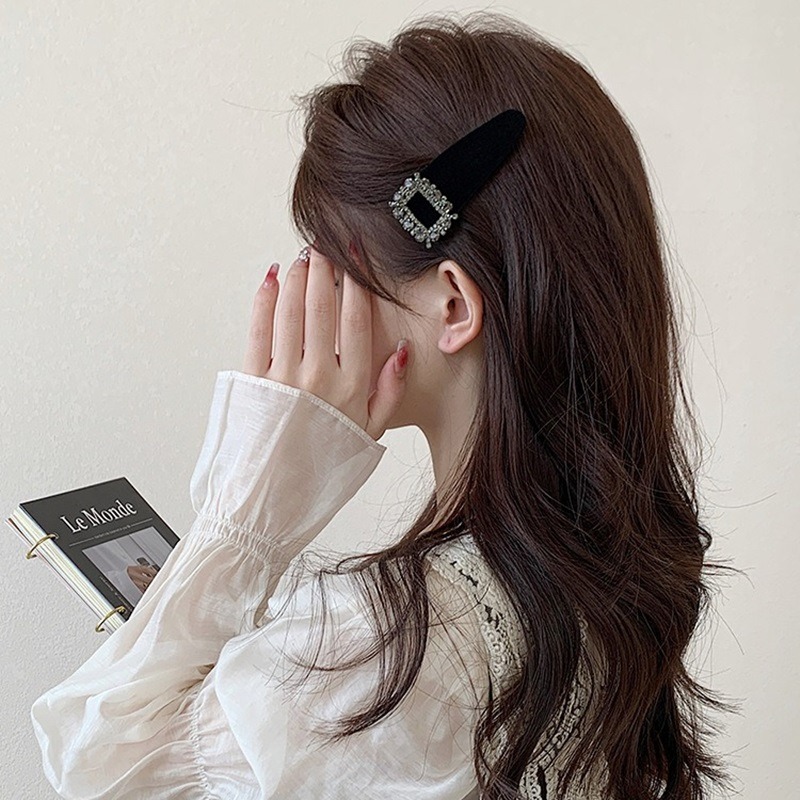 名媛高級感~法式復古矩形水鑽黑色絲絨髮夾髮箍 YS86-002-細節圖2