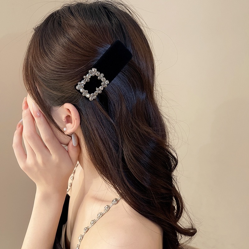 名媛高級感~法式復古矩形水鑽黑色絲絨髮夾髮箍 YS86-002-細節圖3