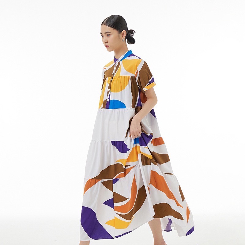 潮流拼色中長蛋糕裙 女上衣洋裝裙裝連身一件式併色-細節圖2