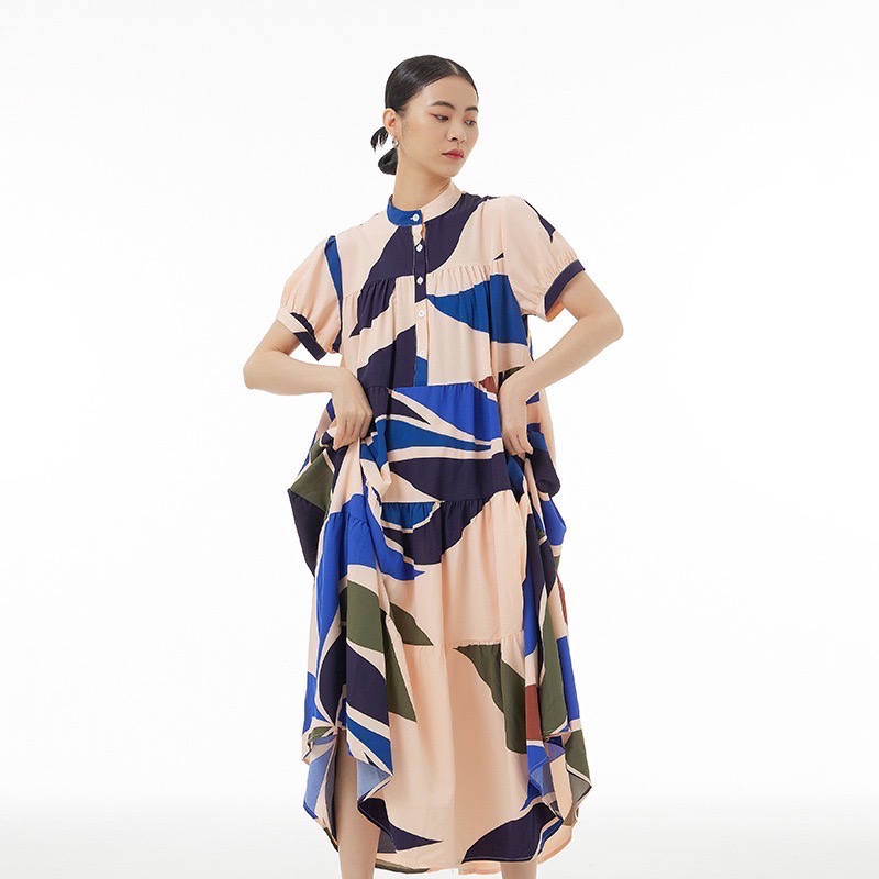 潮流拼色中長蛋糕裙 女上衣洋裝裙裝連身一件式併色-細節圖3