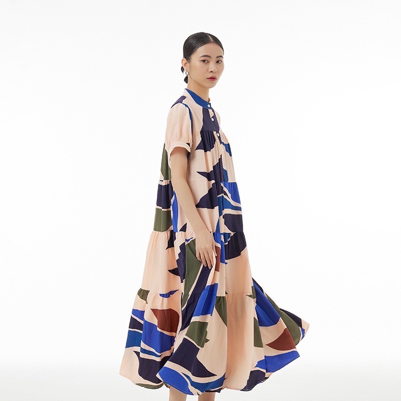 潮流拼色中長蛋糕裙 女上衣洋裝裙裝連身一件式併色-細節圖4