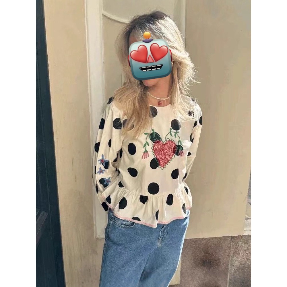法式黒白點愛心串珠長袖上衣-細節圖2