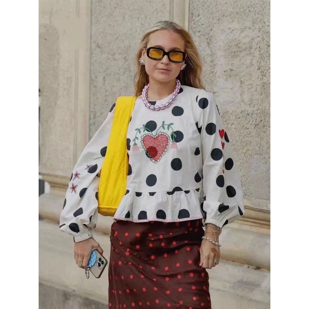 法式黒白點愛心串珠長袖上衣-細節圖3