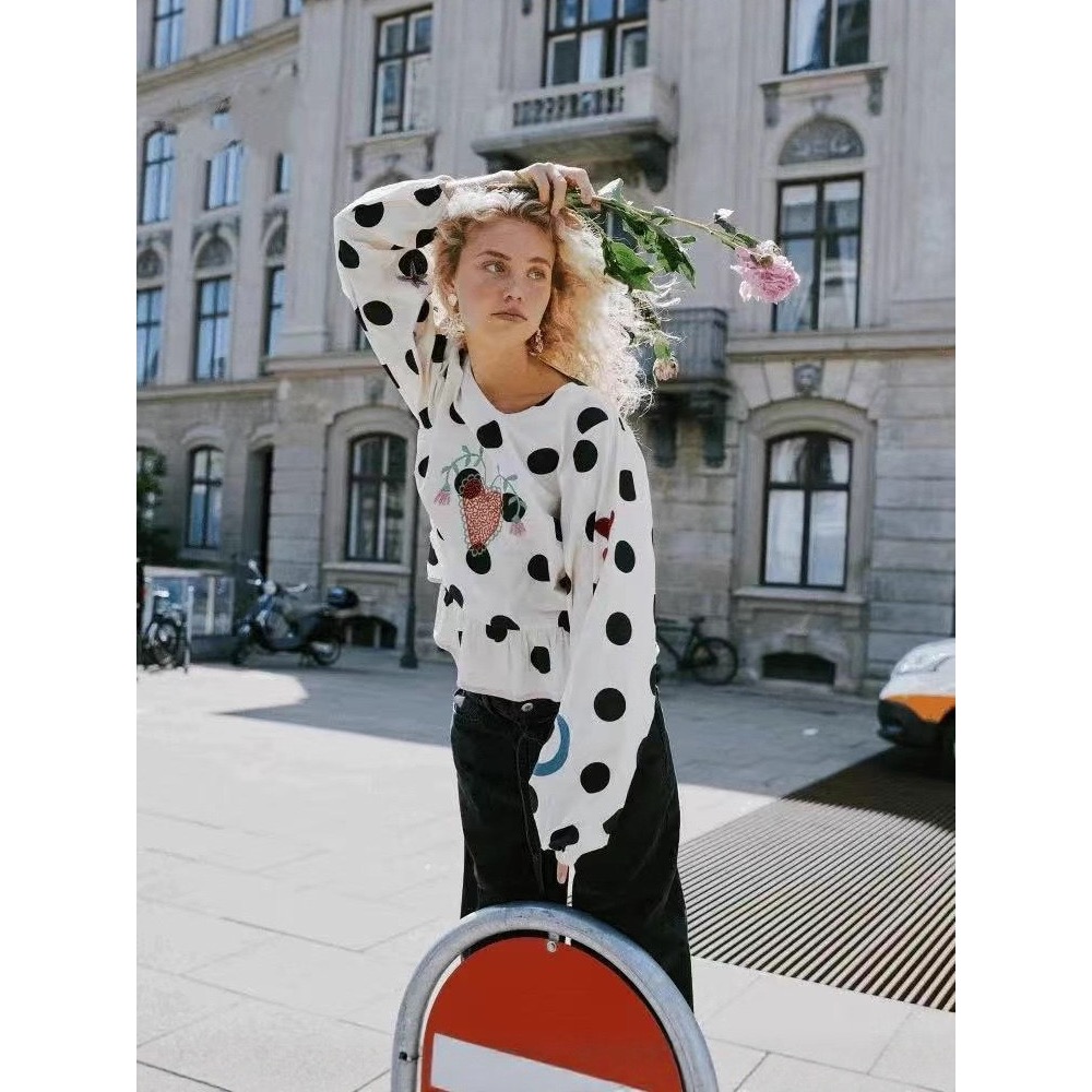 法式黒白點愛心串珠長袖上衣-細節圖5