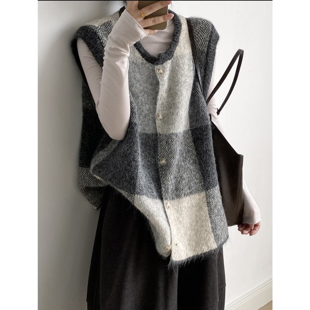 復古格子百搭寬鬆背心-細節圖2