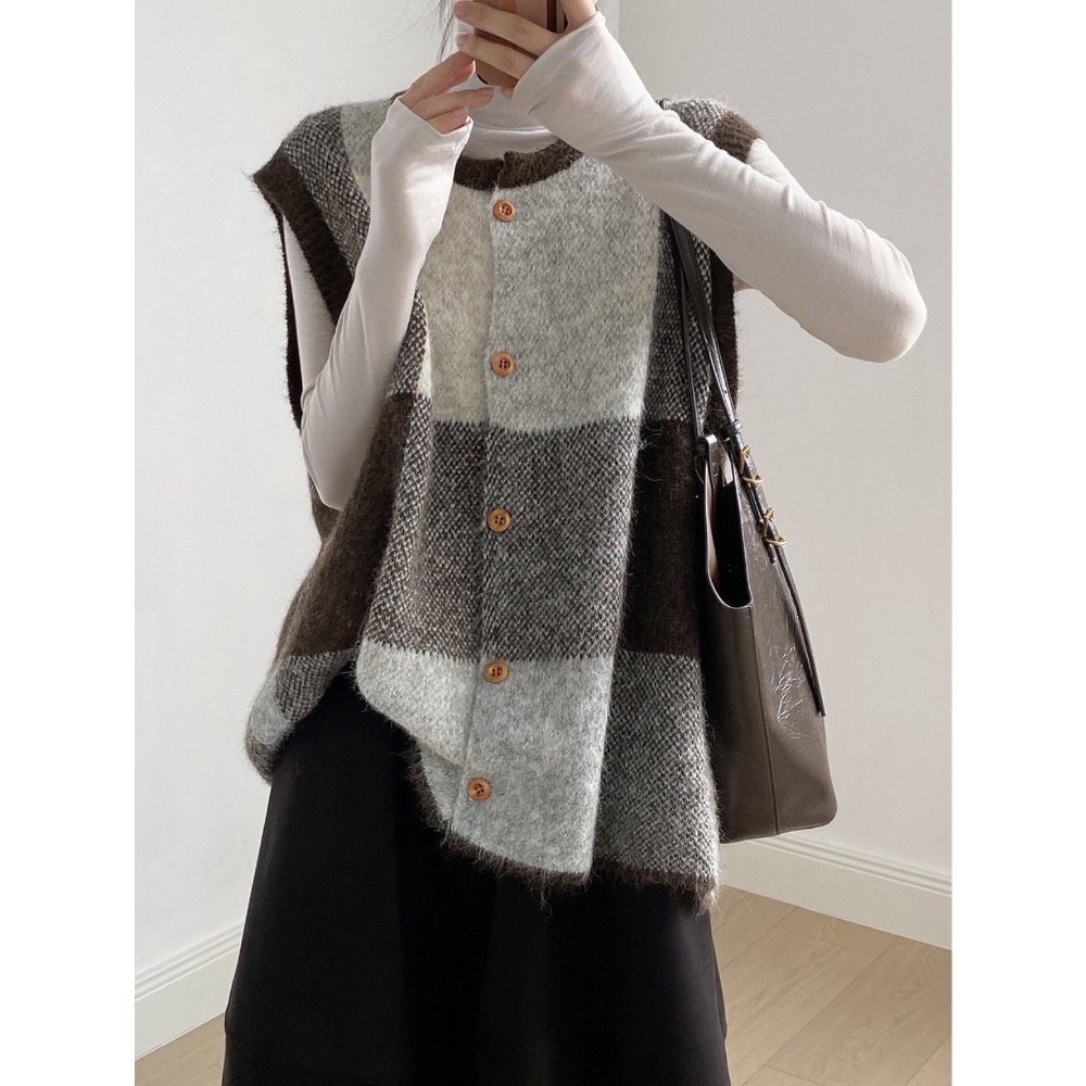 復古格子百搭寬鬆背心-細節圖3