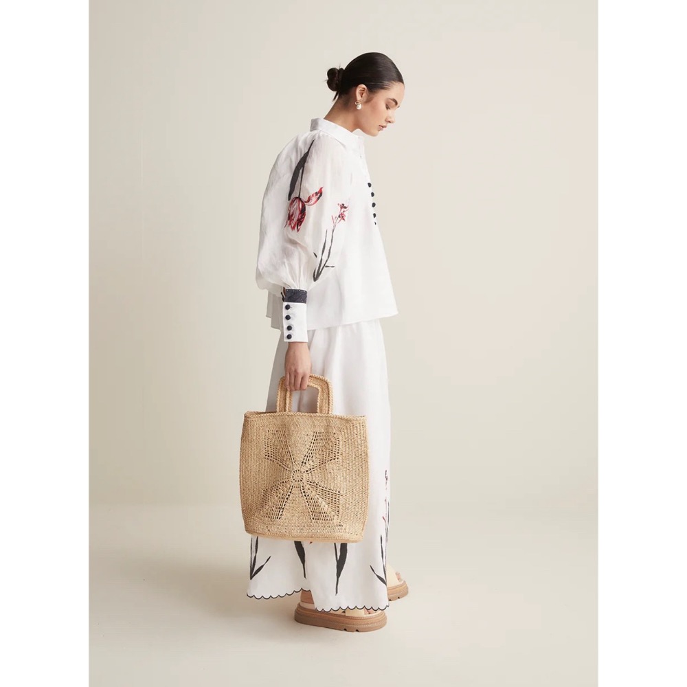 亞麻薴麻刺繡花卉長袖襯衫長裙套裝-細節圖2