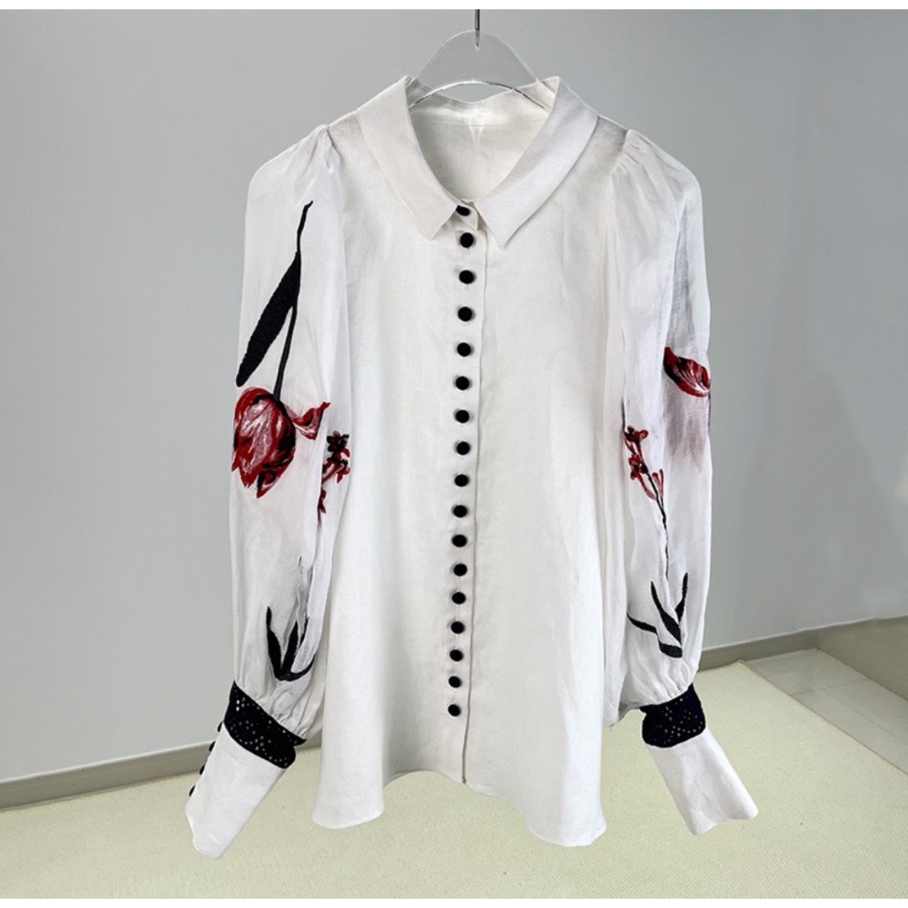 亞麻薴麻刺繡花卉長袖襯衫長裙套裝-細節圖3