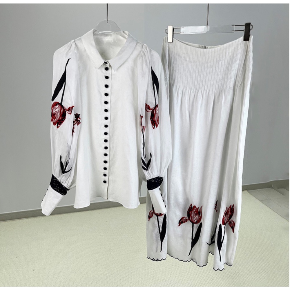 亞麻薴麻刺繡花卉長袖襯衫長裙套裝-細節圖9